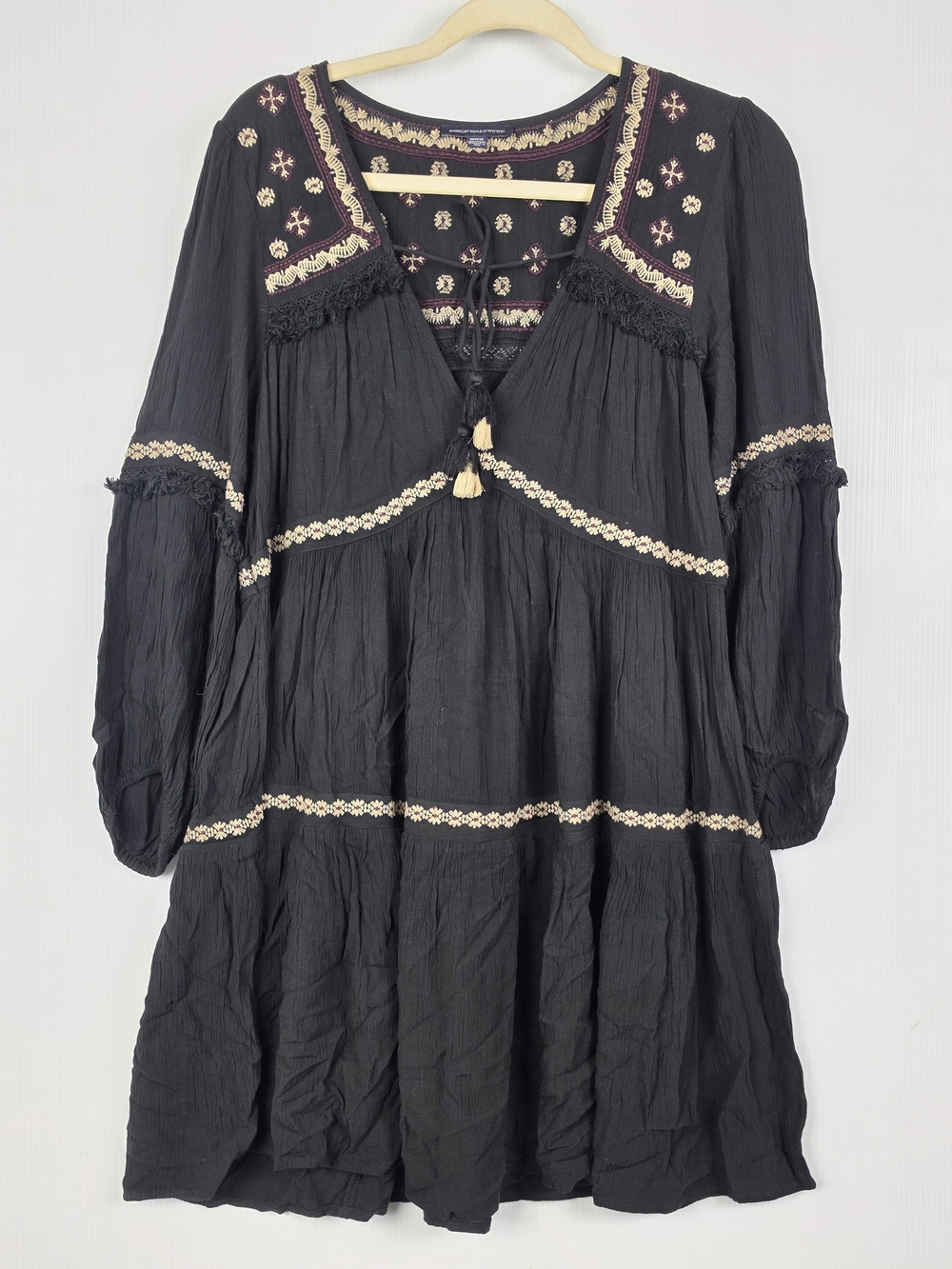 Black Long-Sleeve Embroidered Peasant Dress with Tassel Tie